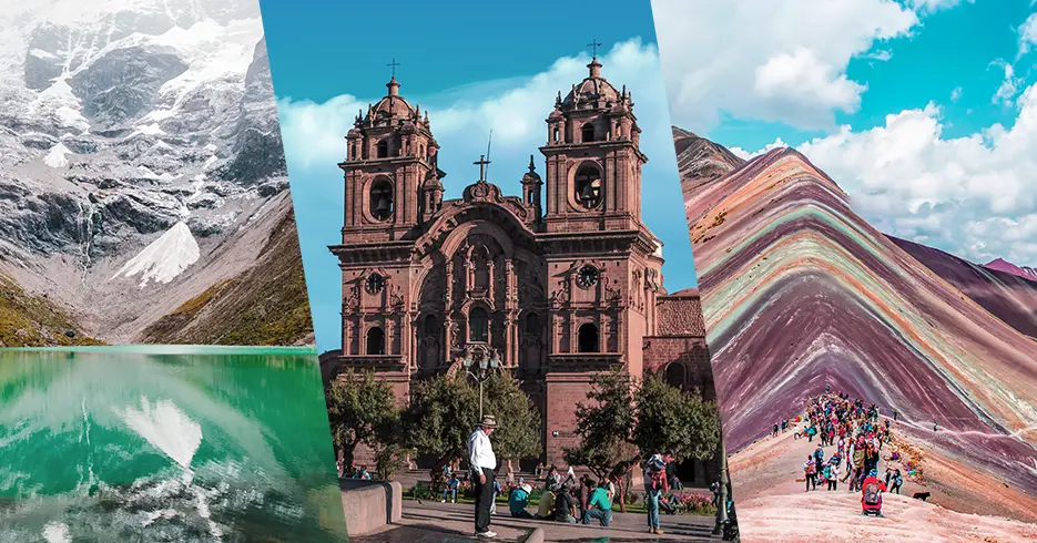 Laguna humantay, plaza de armas de cusco y la montaña de los 7 colores en cusco y en una foto las tres