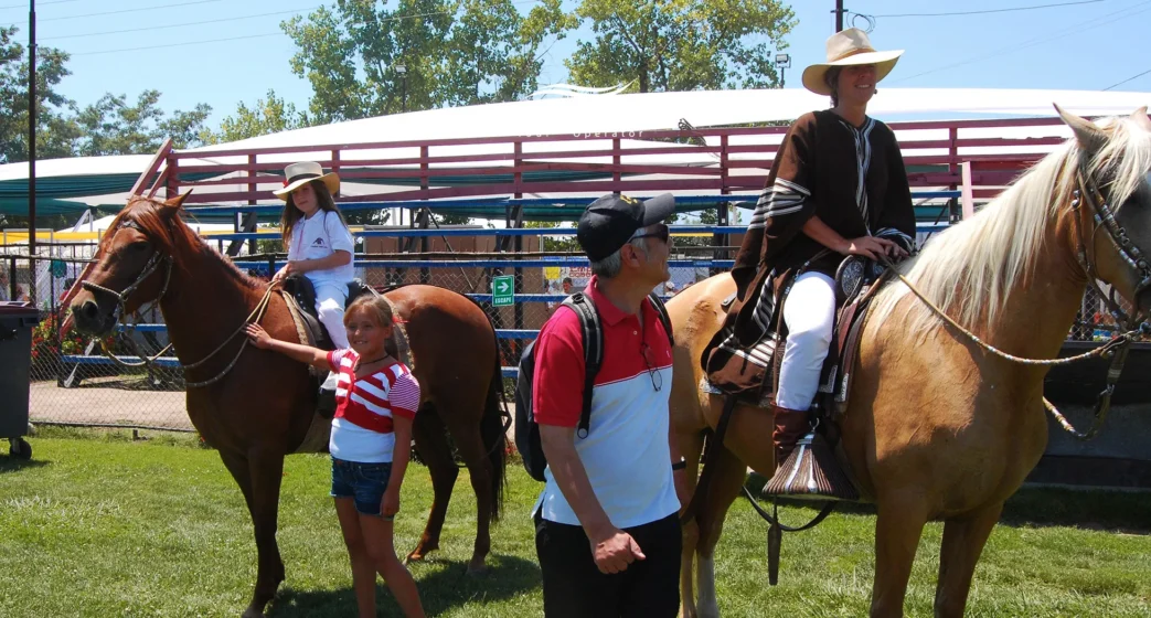 Caballo Peruano de Paso: historia, andar, temperamento y dónde verlo en Perú 1 Familia en un festival ecuestre junto a Caballos Peruanos de Paso, con una chalán montando y niños posando para una foto en el campo