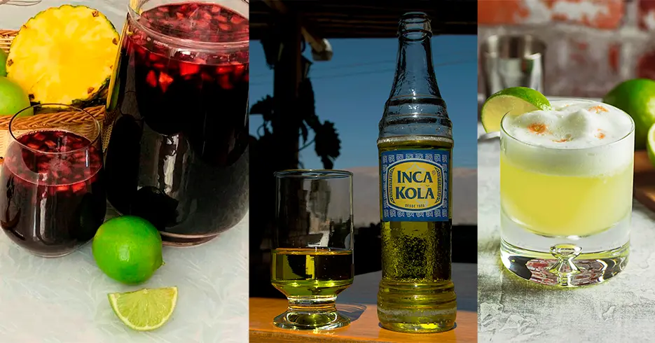 bebidas tipicas de peru, chicha morada, inca kola y pisco sour