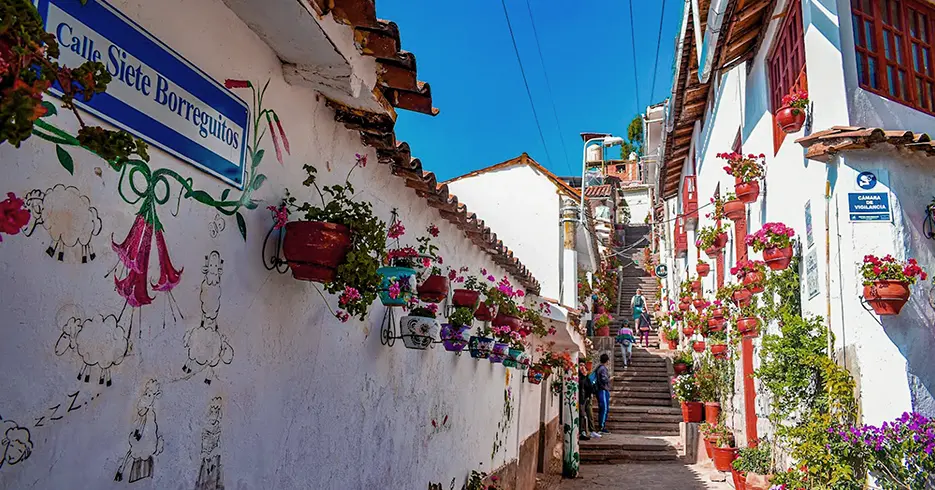 Viaja sin estrés: los mejores paquetes turísticos Cusco 9 Calle siete borreguitos en cusco, con una vista de bastantes maceteros con plantas coloridas y escaleras de fondo con personas subiendo