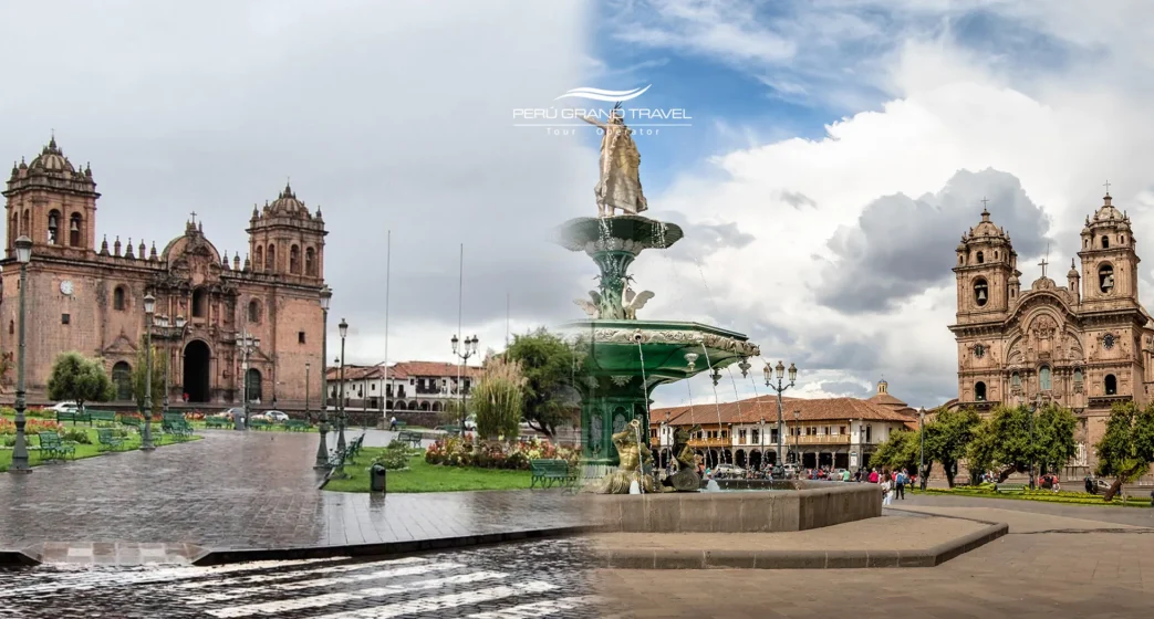 La Mejor Época del Año para Visitar Perú: Guía Estratégica de Clima, Cultura y Experiencia 1 Plaza de Armas del Cusco con cielo parcialmente nublado y rayos de sol, mostrando el contraste entre la temporada seca y lluviosa, una imagen representativa del clima en Cusco y su belleza andina
