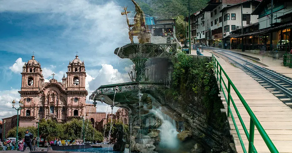 Cosas que hacer en Cusco: Lo mejor de la ciudad en un solo viaje 5 Cusco y aguas calientes en una foto, la vista de la iglesia de la compañía de Jesús y un puente en el pueblo de aguas calientes