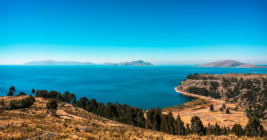 5 Ciudades de Perú que Todo Viajero debe Conocer 7 vista del lago titicaca, con muchos arboles y un cielo despejado color celeste