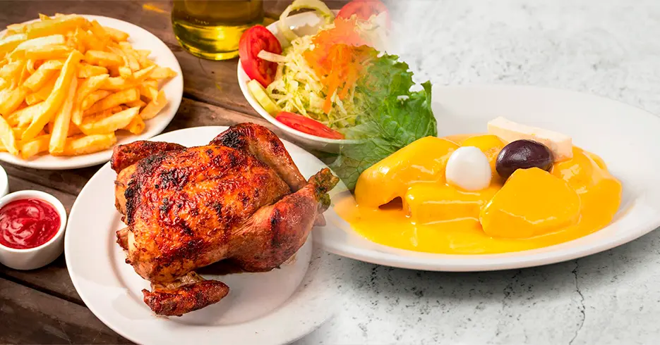 Pratos típicos do peru: frango grelhado e batatas huancaina