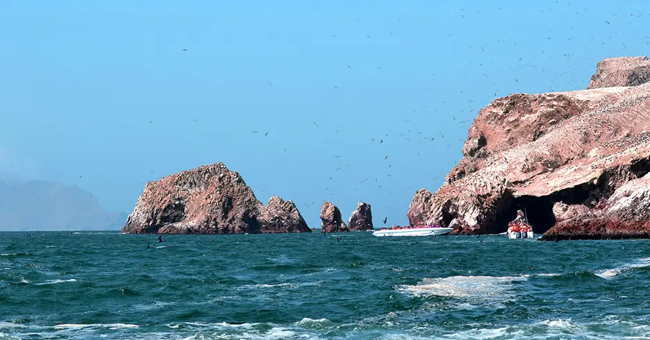 Qué Hacer en Paracas Perú: Experiencias que No Te Puedes Perder 1 Islas ballestas en paracas, dos lanchas con turistas, cielo despejado y celeste con diferentes aves volando por el cielo y rocas en el mar.